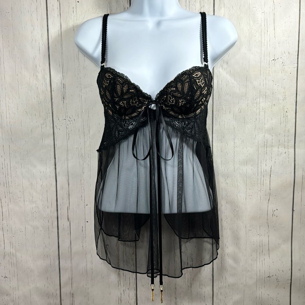 Victorias Secret Black Lace Sheer Babydoll Teddy Chemise Strappy Lingerie